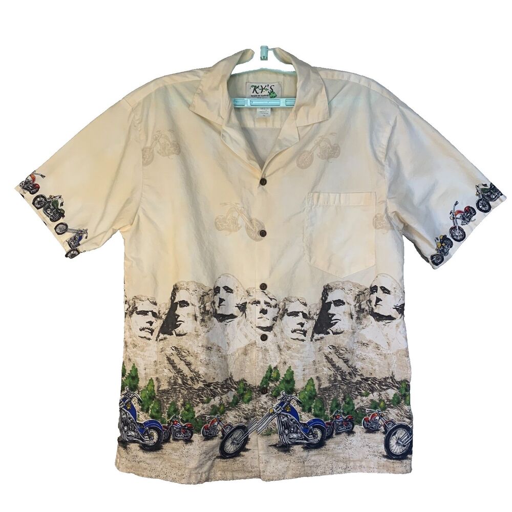 KY'S Vintage Hawaiian Cotton Biker Shirt Mens M Beige Motorcycle Mt Rushmore USA